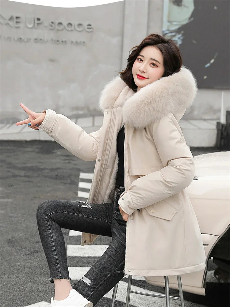 Winter Coat Men Women Short Loose Add Velvet Thick Warmth Fur Hooded Parkas 2023 Fashion Korean Adjutable Belt Slim Cotton Coat