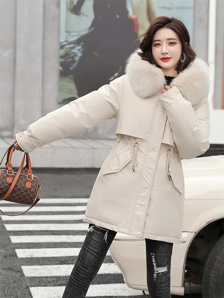 Winter Coat Men Women Short Loose Add Velvet Thick Warmth Fur Hooded Parkas 2023 Fashion Korean Adjutable Belt Slim Cotton Coat